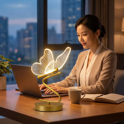 lampe de bureau papillon et une femme travaille